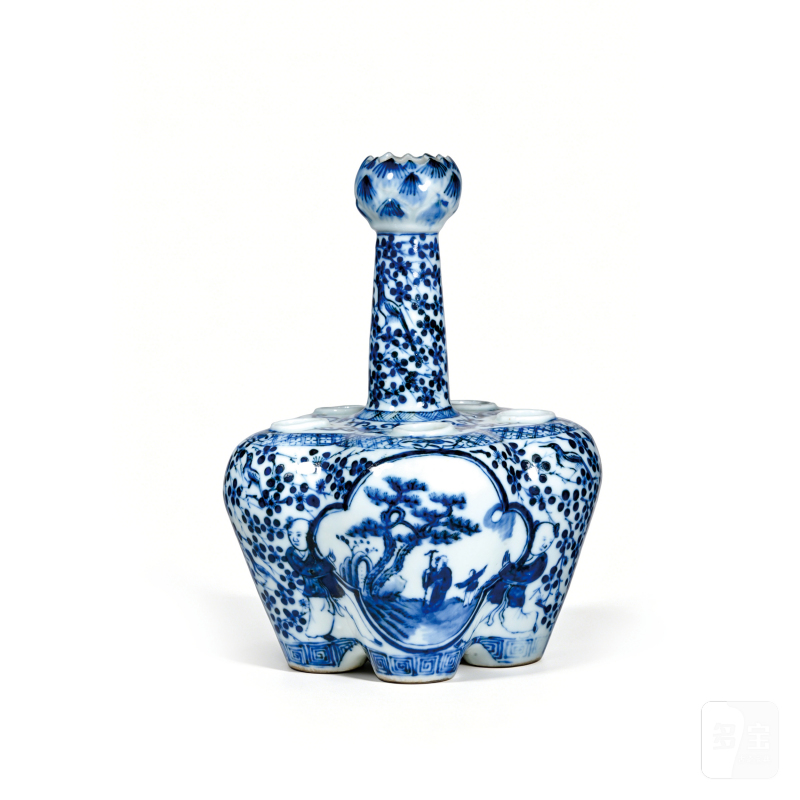 清晚期青花访友图五孔花插